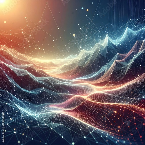 Abstract landscape of interconnected lines and glowing points