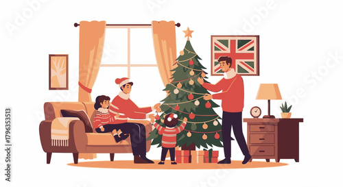 Family decorates a Christmas tree in their living room, celebrating the holiday season together.