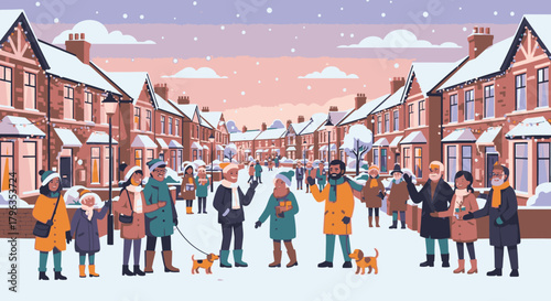 A diverse community of people enjoying a snowy winter day on a traditional residential street with terraced houses.
