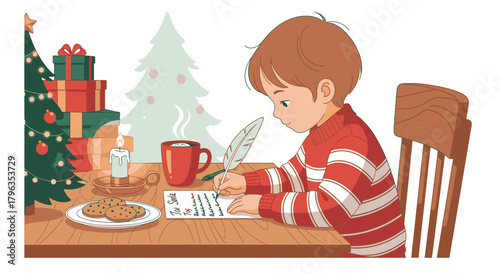 A young boy in a festive sweater writes a letter with a quill pen by candlelight, surrounded by Christmas decorations and cookies.