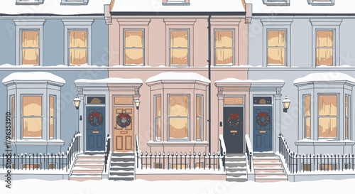 A row of charming houses with snow-covered roofs and festive wreaths on the doors.