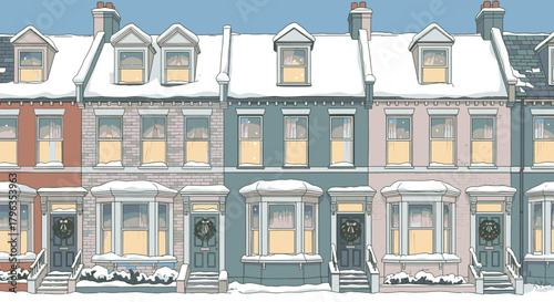 Row of houses covered in snow with wreaths on the doors and lights on inside.