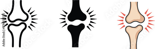 Joint pain vector illustration set showing knee bones with inflammation and arthritis pain icons in outline, solid, and colored medical design style