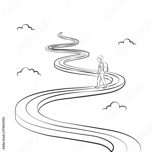 Black and white line art illustration showing a person walking with a backpack along a long, winding, elevated road or path above scattered clouds. 