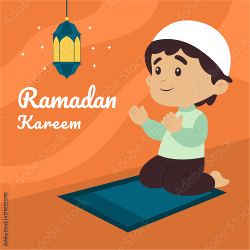 Ramadan Kareem Illustration of Muslim Boy Praying on Prayer Mat