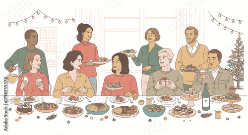 A diverse group of people enjoying a festive meal together at a long table.