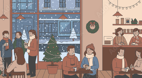Cozy coffee shop scene during winter with people enjoying drinks and snow falling outside.