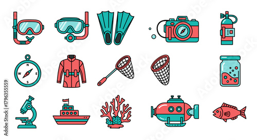Vibrant underwater exploration icons showcasing diving gear, research tools, and marine life