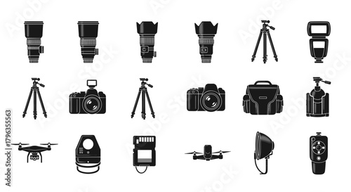 Professional photography gear icons capture creative tools for visual storytelling inspiration