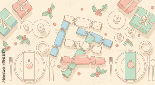 Illustrated top-down view of a festive Christmas dinner table with crackers, gifts, and place settings.