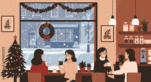 Four women enjoying coffee and conversation inside a cozy cafe decorated for Christmas with a decorated tree and a snowy scene outside the window.