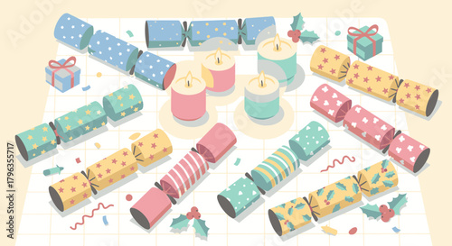 A festive flat lay illustration featuring an assortment of colorful Christmas crackers, lit candles, and small gift boxes, set against a light checkered background.