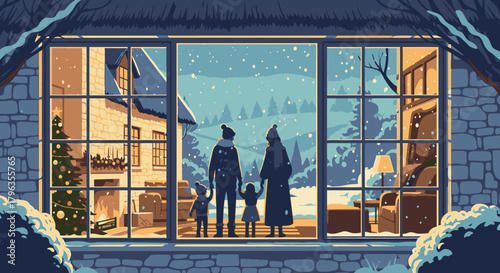 A family stands together, gazing out a window at a snowy winter landscape, enjoying the holiday season.