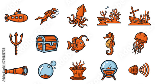 Vibrant ocean adventure icons set featuring submarines divers treasures and marine life