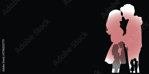 Romantic vector template. Couple silhouette with a pink gradient effect on a solid black background. Wide copy space is provided for text. Ideal for luxury branding, or romantic announcement.
