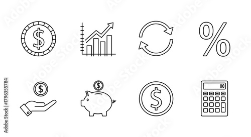Financial icons symbolizing growth, savings, and transactions for business success