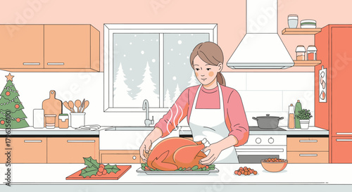 A woman preparing a festive roasted turkey in a cozy kitchen during winter holidays.