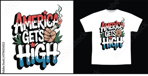 America Gets High – Graffiti-Style Patriotic Cannabis Illustration with Smoking Hand and Street Art Lettering