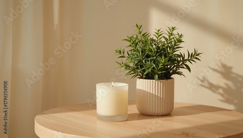 Burning Candle With Potted Plant On Round Wooden Table