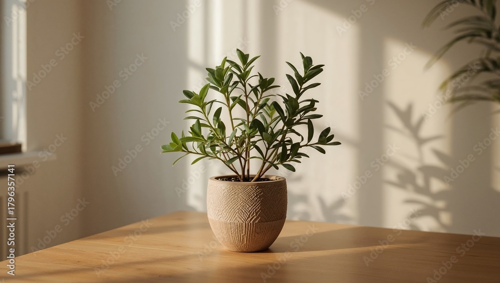Fototapeta premium Small Plant On Wooden Table In Modern Room Light