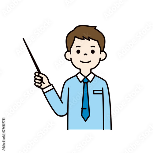 指示棒を持ってプレゼンする、ワイシャツ姿の若い男性の上半身ベクターイラスト素材＿カラー
