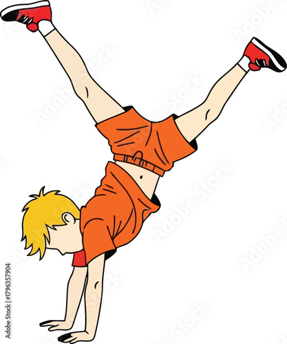 Boy doing handstand on white background