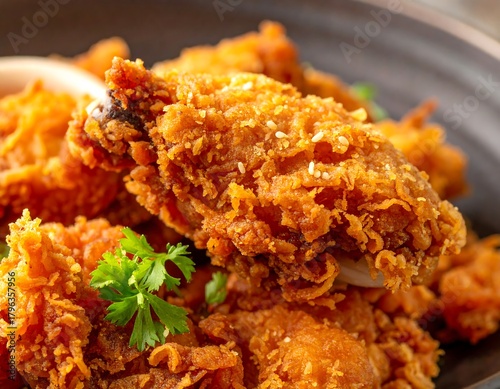 Close-up of golden, crispy fried chicken pieces garnished with parsley on a dark plate