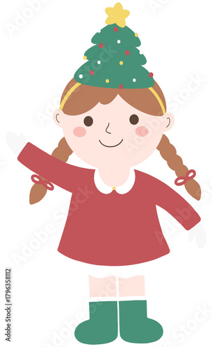 Happy little girl with Christmas tree headband.Kid cartoon character wearing Christmas theme outfit.