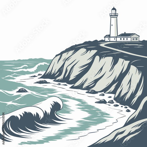 Stylized illustration of a tall white lighthouse standing on a rocky cliff overlooking a stormy ocean with crashing waves
