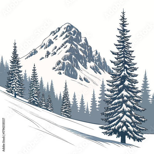 Stylized illustration of a majestic snow capped mountain range with evergreen trees in the foreground during winter