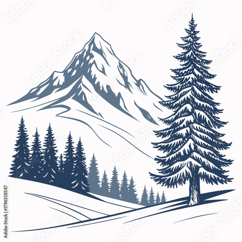 Majestic snow capped mountain peak overlooking a serene winter landscape with pine trees and rolling hills
