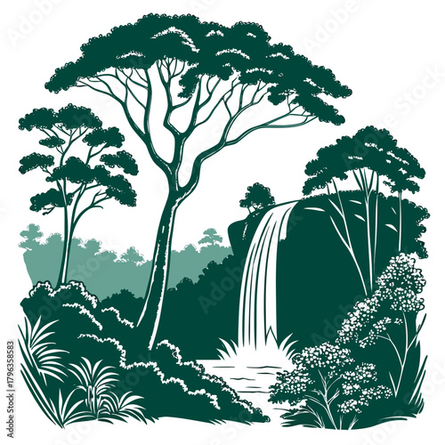 Stylized silhouette of a lush forest scene with a cascading waterfall and tall trees