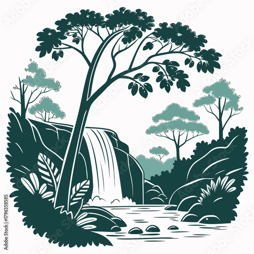 Stylized silhouette of a lush waterfall cascading into a serene river surrounded by tropical trees and foliage