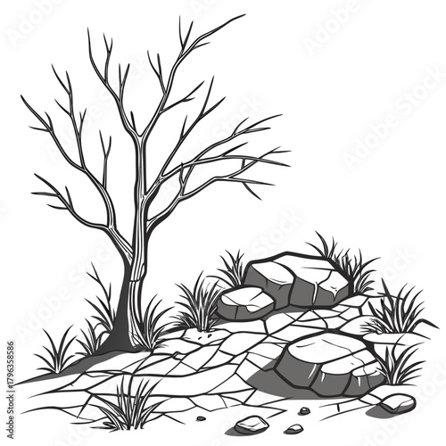 Stylized black and white illustration of a solitary barren tree standing on cracked dry earth with rocks and sparse grass