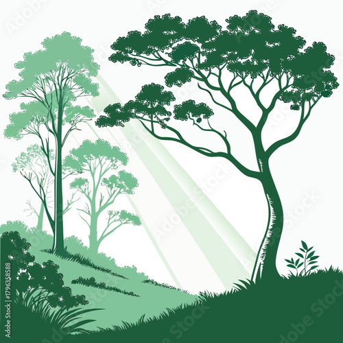 Serene forest scene with stylized trees and sunbeams filtering through the canopy creating a peaceful natural landscape