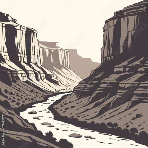 A stylized illustration of a winding river flowing through a vast canyon with dramatic rock formations under a pale sky