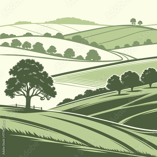 Stylized green rolling hills and fields with trees and a winding path in a serene countryside landscape