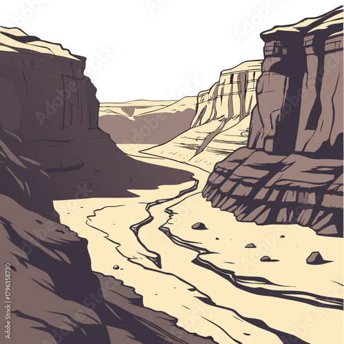 Stylized illustration of a winding dry riverbed flowing through a vast desert canyon with layered rock formations under a white sky