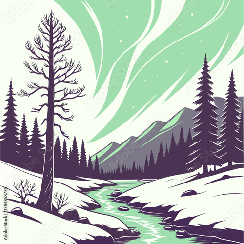 Stylized winter landscape with snow covered mountains pine trees a flowing river and aurora borealis in the sky