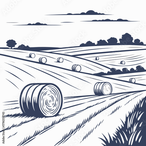 Stylized illustration of rolling fields with harvested hay bales under a cloudy sky in a rural landscape