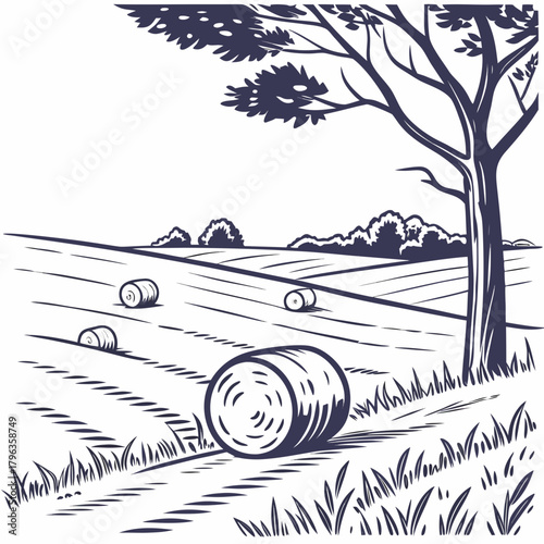 Stylized illustration of a rural landscape with hay bales scattered across a harvested field under a large tree