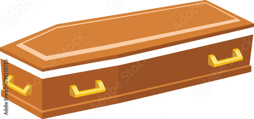 Wooden coffin with gold handles, vector illustration