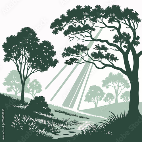 Silhouetted trees and lush green foliage bathed in gentle sunbeams on a misty morning landscape
