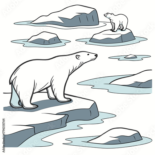 Two polar bears on ice floes in the arctic ocean with snow covered icebergs and calm blue water