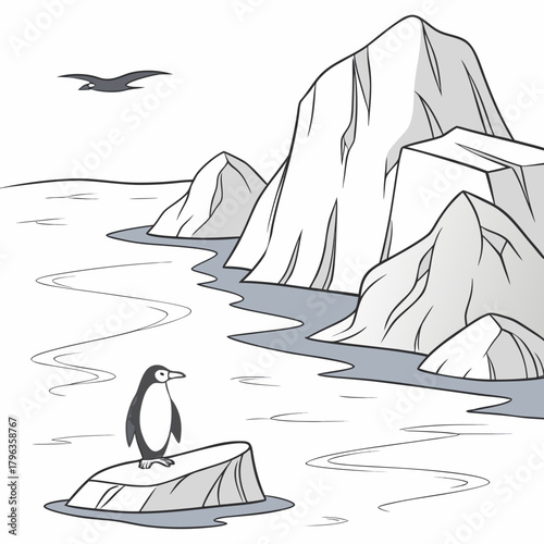 A lone penguin stands on an ice floe in a cold arctic landscape with icebergs and a soaring bird