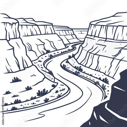 Stylized line art illustration of a winding river flowing through a majestic canyon with layered rock formations and sparse desert vegetation