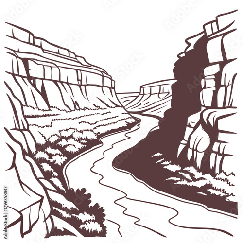 Stylized line art illustration of a winding river flowing through a majestic canyon with layered rock formations and sparse vegetation