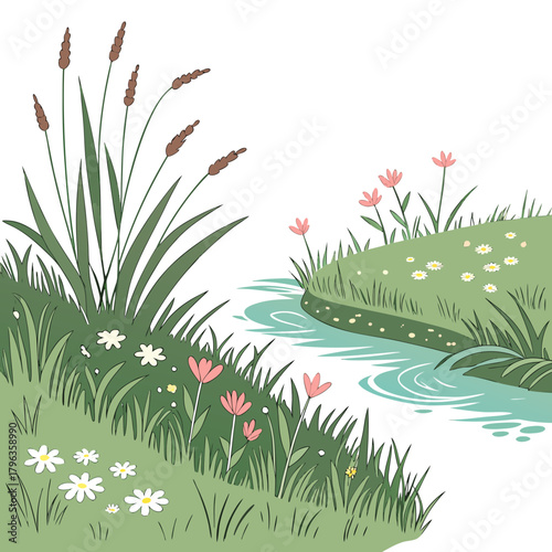 Charming illustration of a gentle stream flowing through a meadow filled with cattails and wildflowers