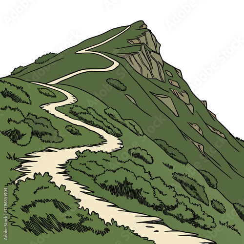 A winding dirt path leads hikers up a steep green mountain towards a rocky summit under a white sky
