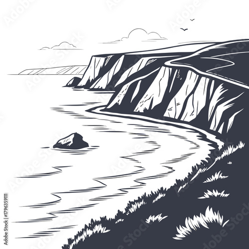 Dramatic coastal cliffs meet the ocean with a winding road and distant horizon under a cloudy sky